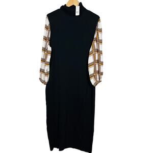 NEW! NY&Co Mock Neck Knit Jersey Dress Maxi Plaid Modest LBD Funeral Career - XL